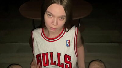 Good girl gives her stepdad a deep blowjob while kneeling. Cum on stepdaughter big natural tits