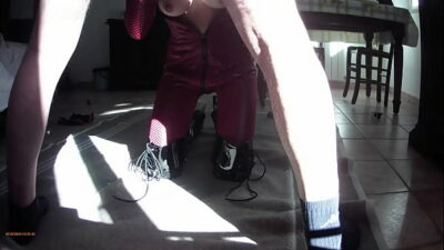 Preview – Milf in leather catsuit and boots over the knee, throated, fucked, cum on tits