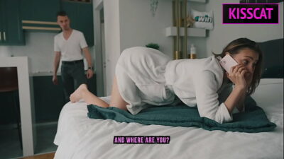 Step son’s friend fuck his new step mom while phone talking in share bed