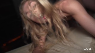 Blonde with big boobs used as a sex doll and filled with cum